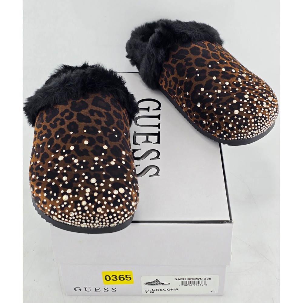 Guess Gascona Clog Slippers Womens 7 Dark Brown Leopard Faux Fur Rhinestone NEW